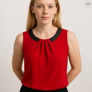 Worthington Sleeveless Red Shell Top with Black Sequined Neckline Front/Back - M